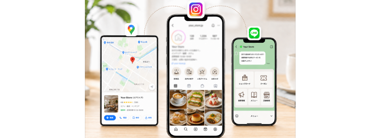 Instagram・Googleマップ・LINEを表示したスマートフォンのイメージ
