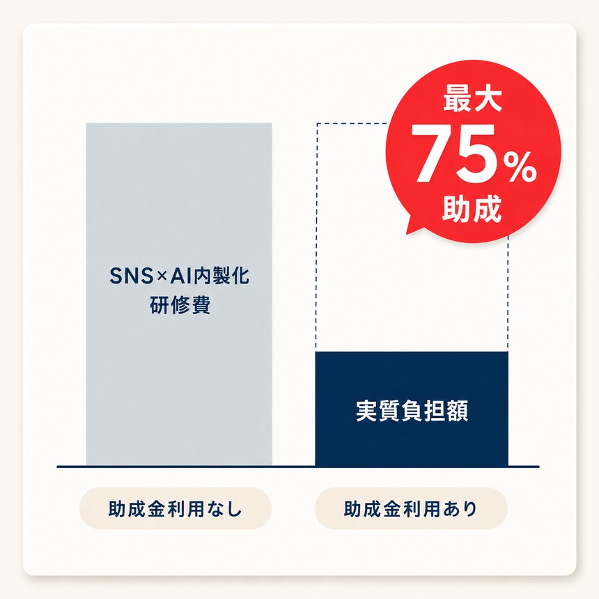 助成金を利用すると研修費の実質負担額が下がり、最大75%が助成される図